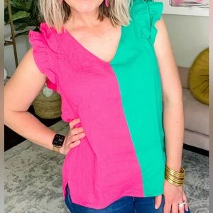 Pink & Green Gauze Split Top